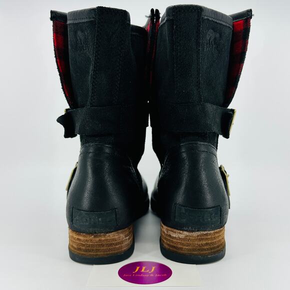 Sorel Women's Major Moto Black Leather Red Plaid Lined Boots NL2432-010 Size 9 - Picture 6 of 11